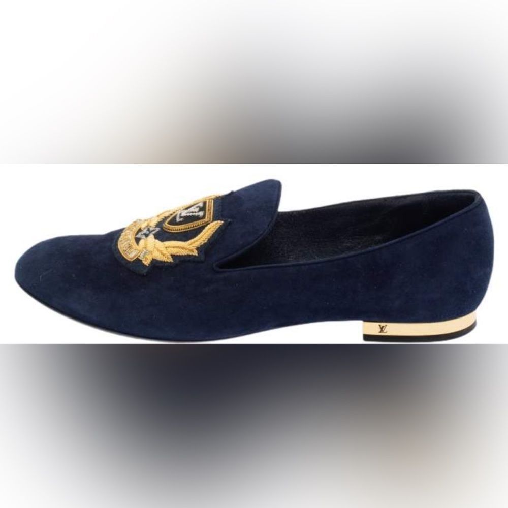 LOUIS VUITTON AUTEUIL Navy Blue Luxury Velvet Loafers Shoes Flats Sz 38